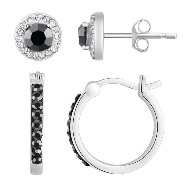 Sterling Silver Jet & Clear Crystal Stud & Hoop Earrings Set