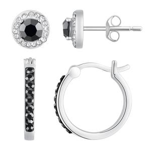 Sterling Silver Jet & Clear Crystal Stud & Hoop Earrings Set