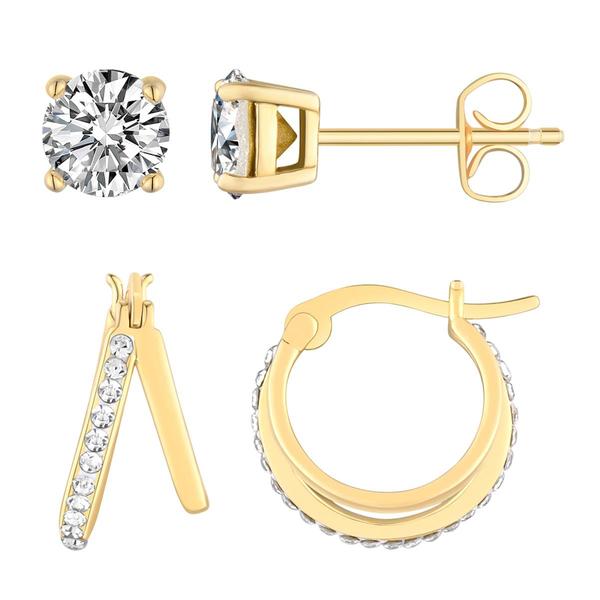 Candela Gold over Sterling Silver Crystal Stud & Hoop Earring Set