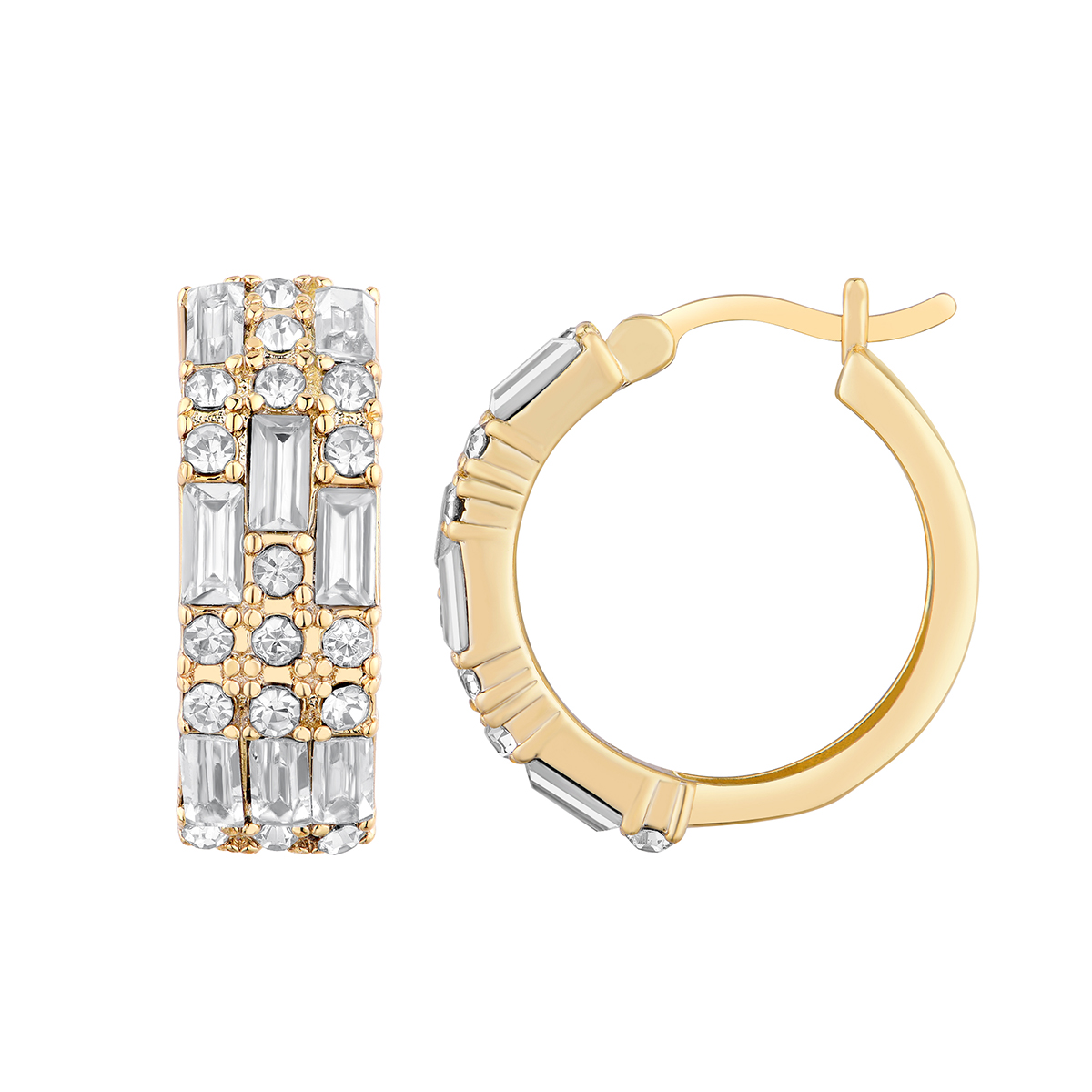 Gold Over Sterling Silver Crystal Round Baguette Hoop Earrings