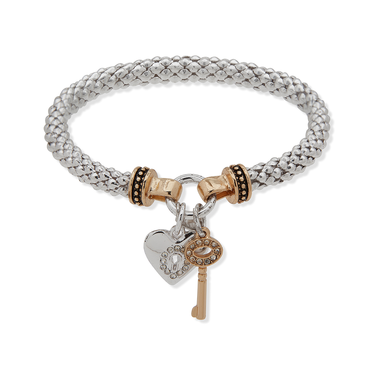 Nine West Two-Tone Heart Key Charm Stretch Bracelet