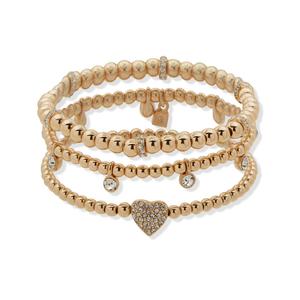 Nine West Gold-Tone Crystal Pave Heart Charm Stretch Bracelet