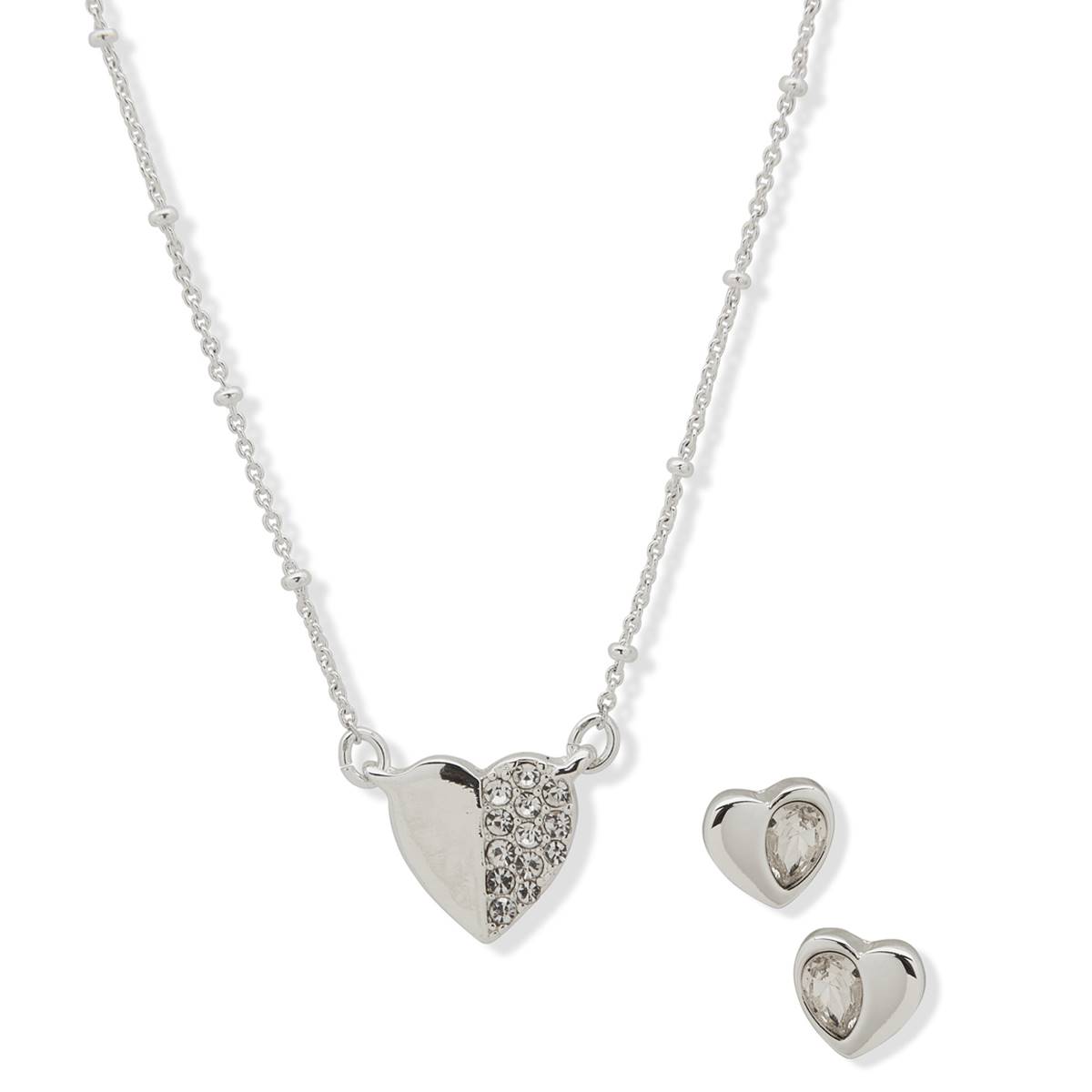 Nine West Silver Tone Crystal Heart Pendant & Stud Earrings Set