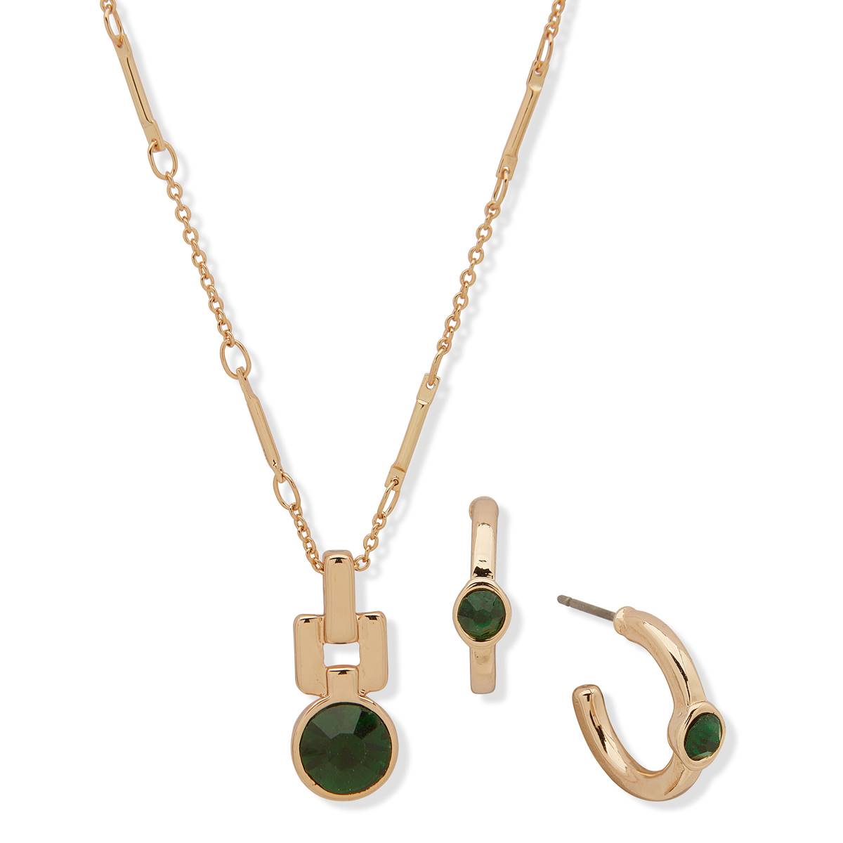 Nine West Gold-Tone Emerald Stone Necklace & Earrings Set