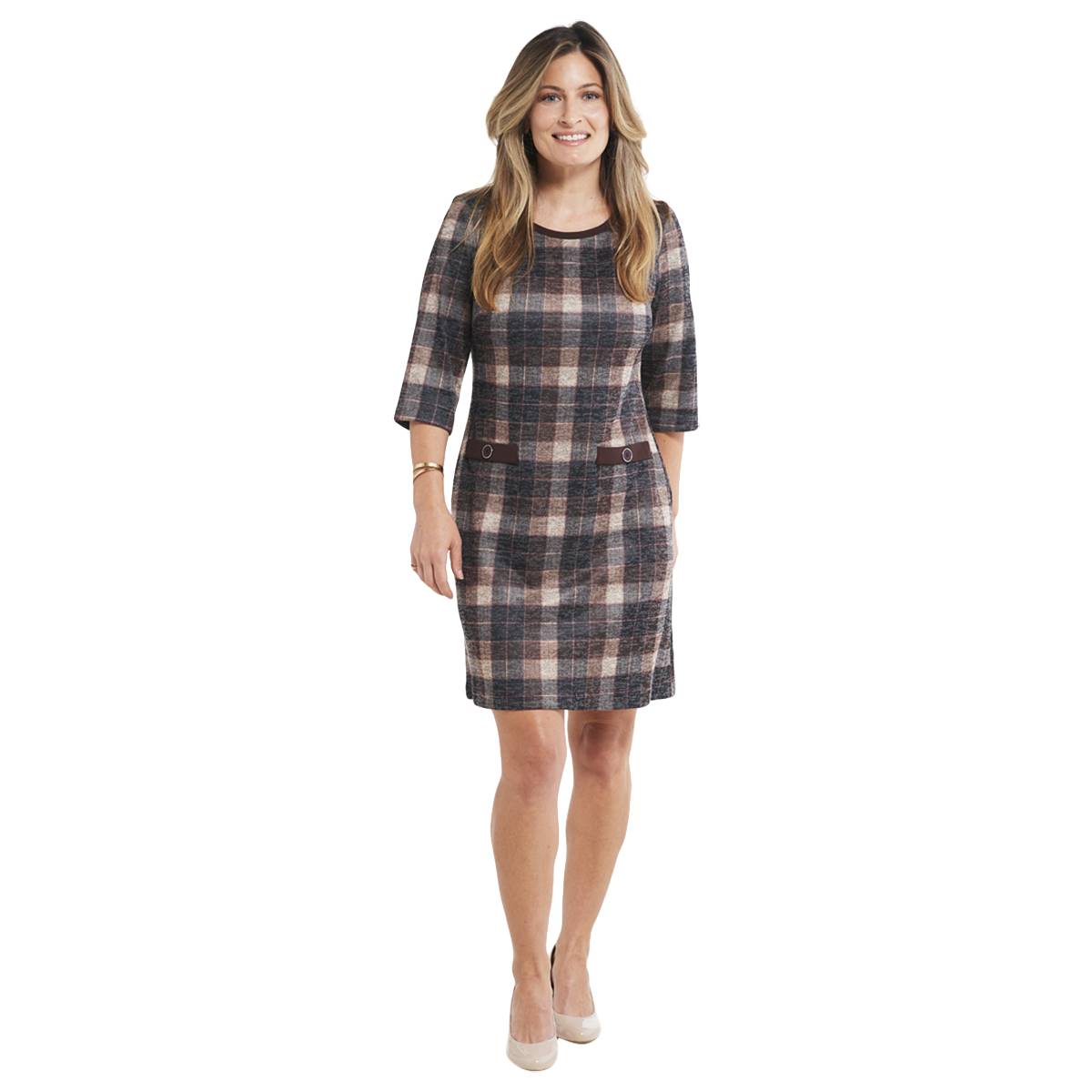 Petite Connected Apparel Elbow Sleeve Plaid A-Line Dress