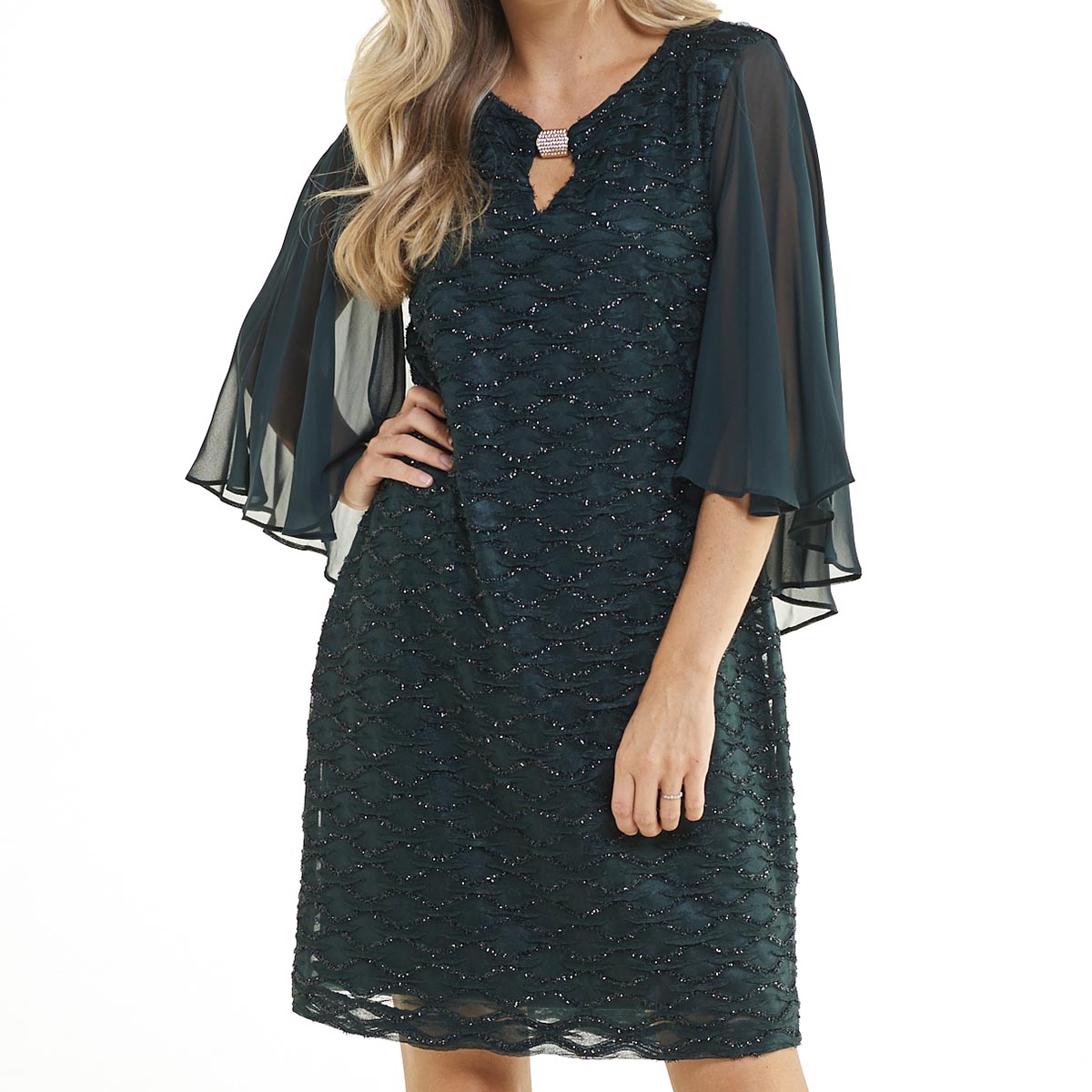 Petite Connected Apparel Capelet Eyelash Keyhole Neck Shift Dress