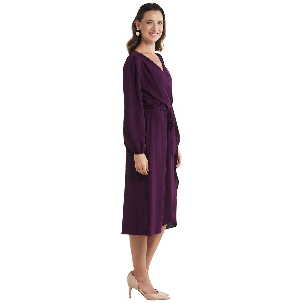 Womens Connected Apparel Long Sleeve Crepe Surplus Midi Dress