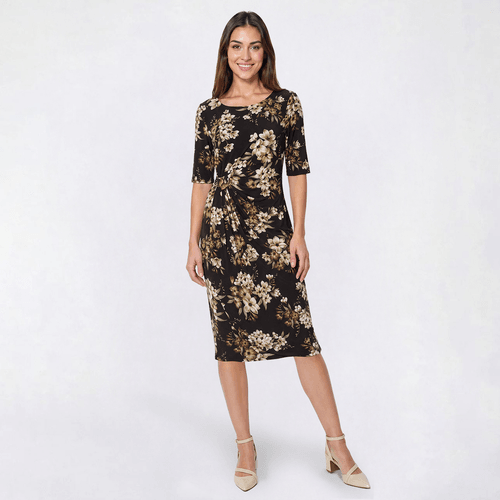 Womens Connected Apparel Elbow Sleeve Floral Ruched Wrap Dress