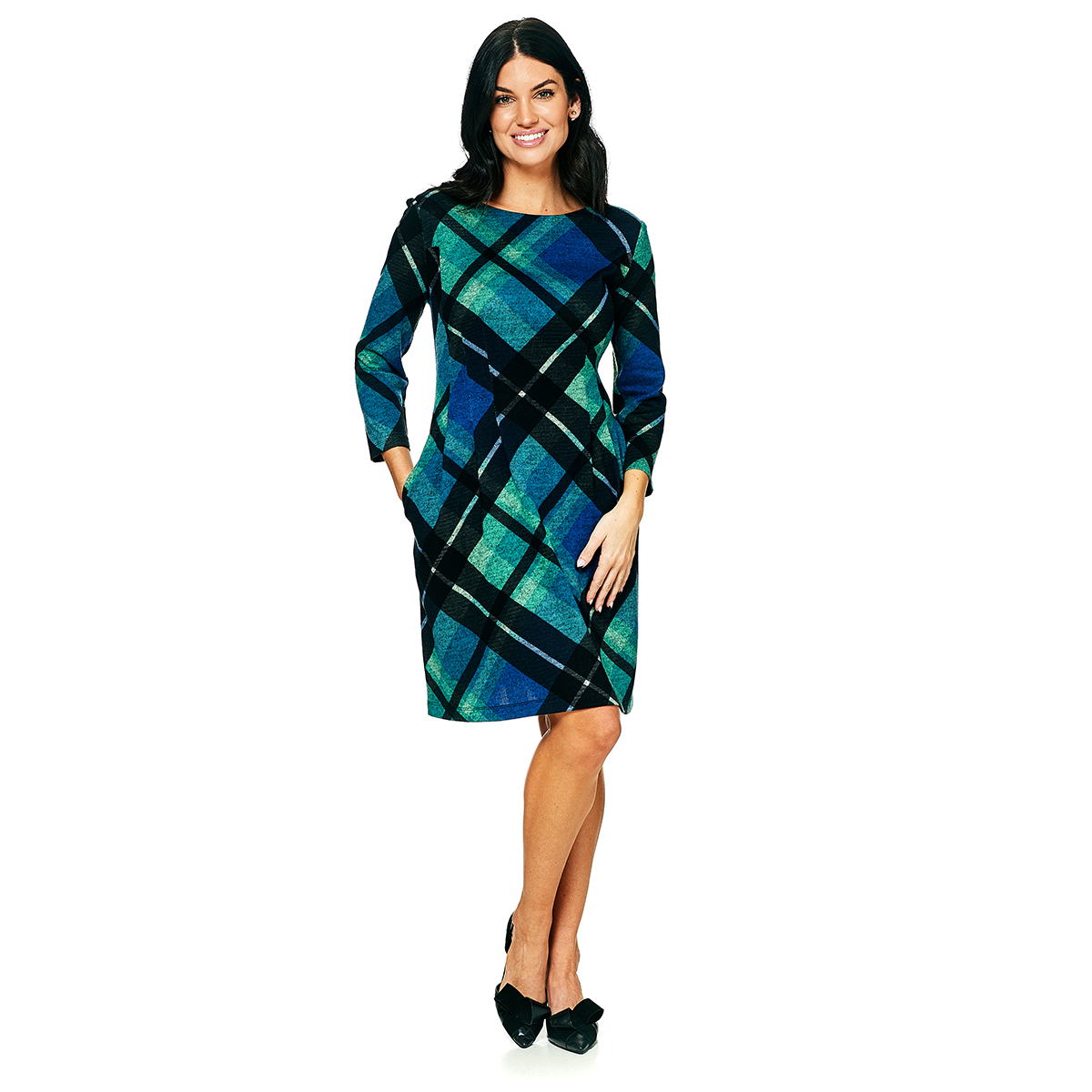 Womens Connected Apparel Long Sleeve Plaid Fit N Flare Dress