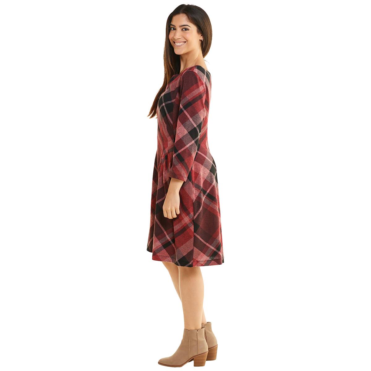 Petite Connected Apparel Long Sleeve Plaid A-Line Dress