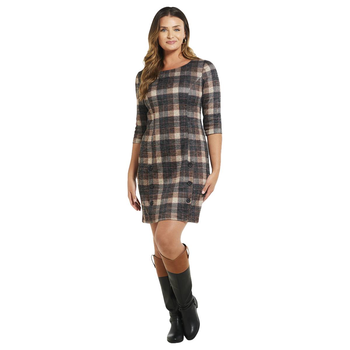 Womens Connected Apparel Elbow Sleeve Plaid A-Line Dress