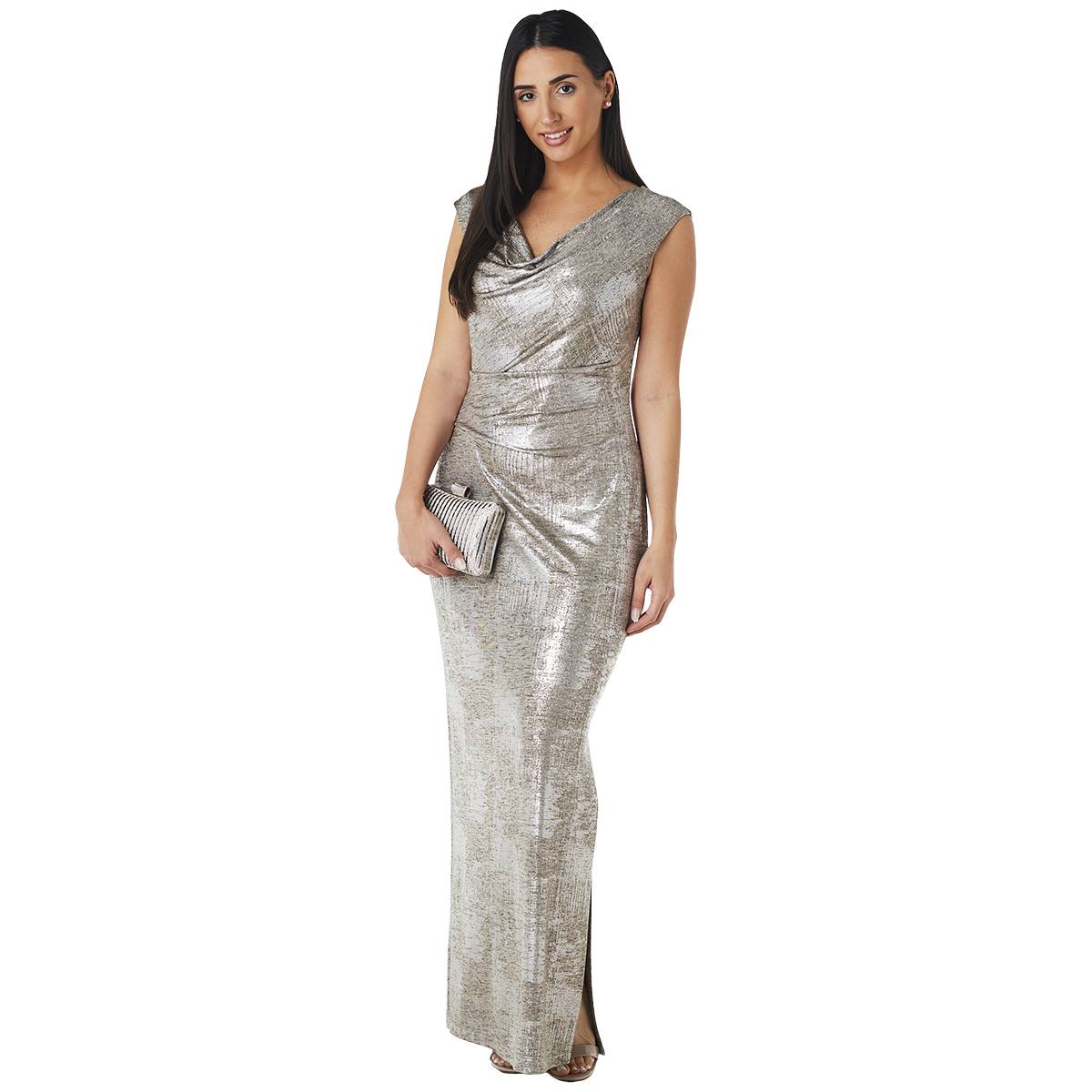 Petite Connected Apparel Drape Neck Metallic Evening Gown