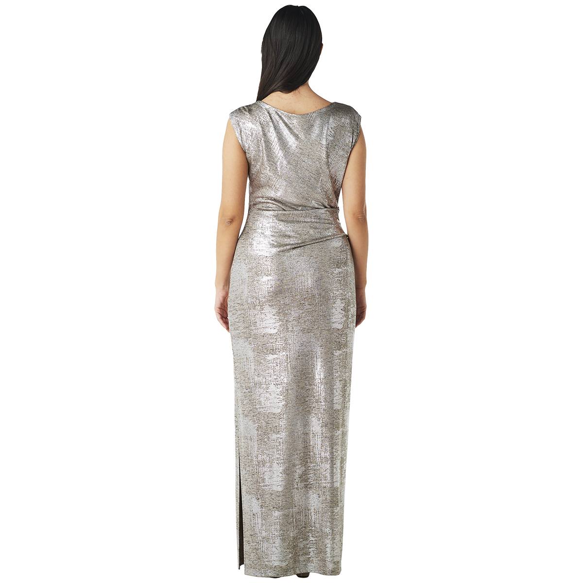 Petite Connected Apparel Drape Neck Metallic Evening Gown