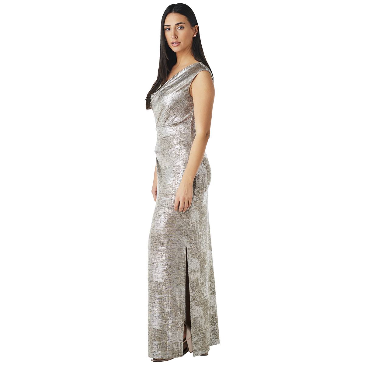 Petite Connected Apparel Drape Neck Metallic Evening Gown