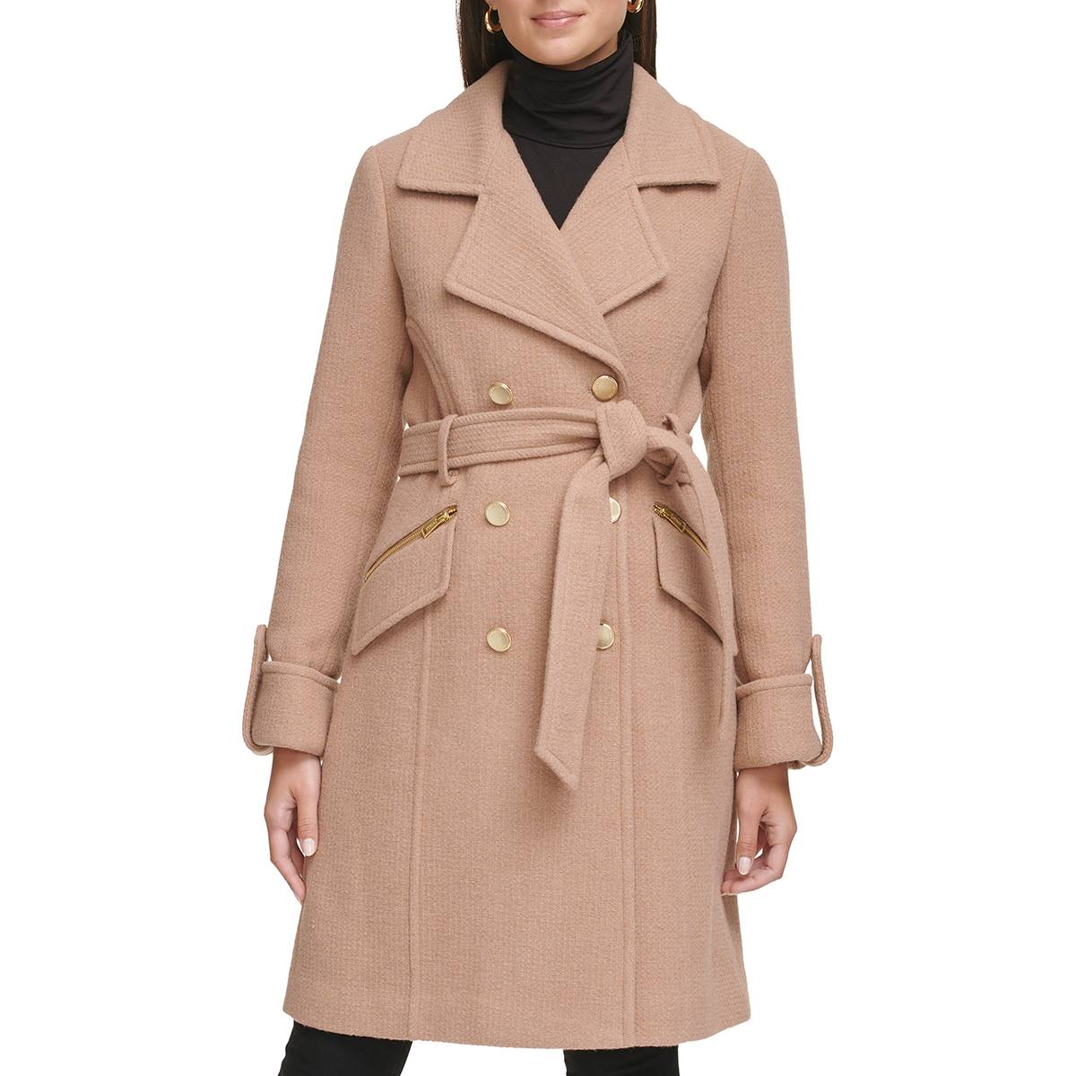 Womens Guess Belted Double Breasted Faux Wool Coat