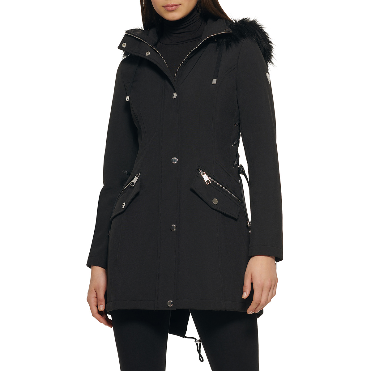 Womens Guess Softshell W/Faux Fur Hooded Walker Jacket