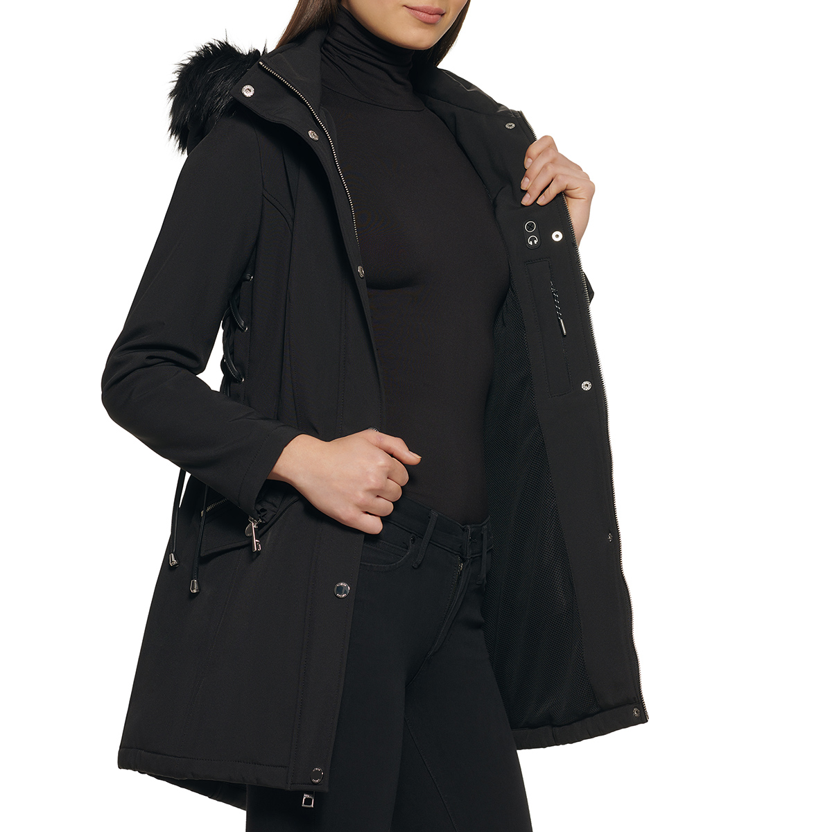 Womens Guess Softshell W/Faux Fur Hooded Walker Jacket