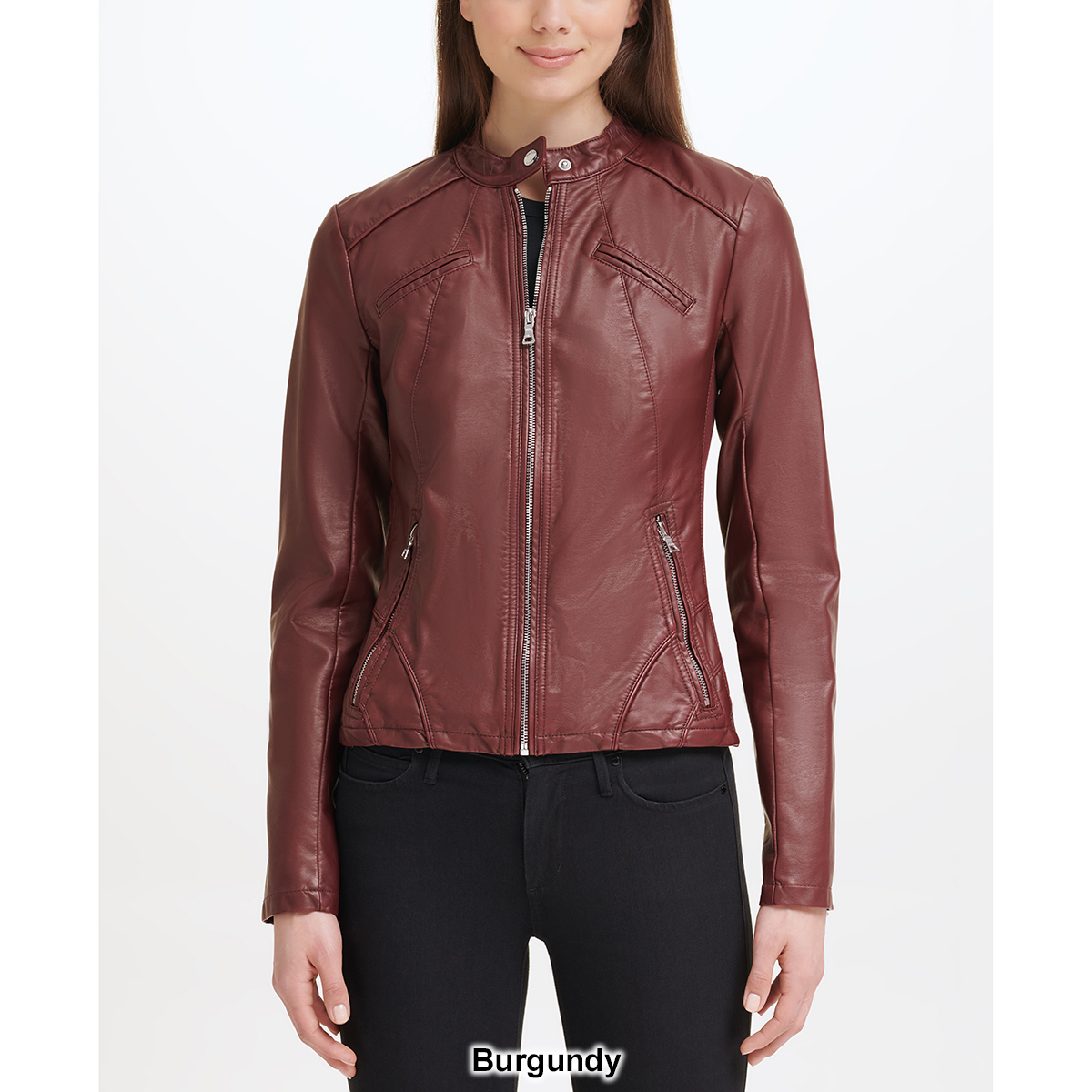 Womens Guess Faux Leather Motorcycle Jacket With Side Stretch
