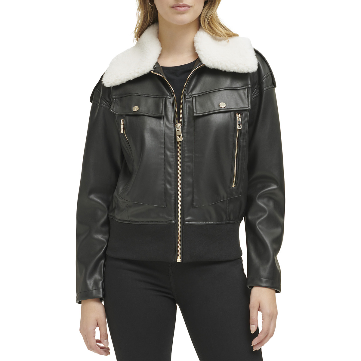 Womens Guess Faux Leather Moto Jacket With Sherpa