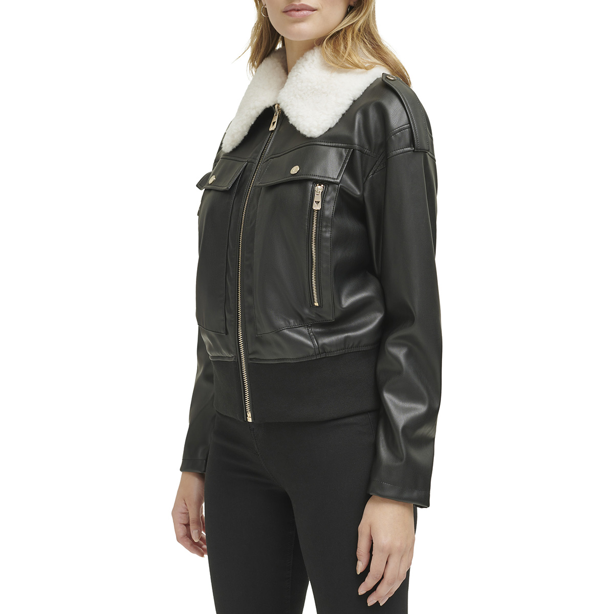 Womens Guess Faux Leather Moto Jacket With Sherpa