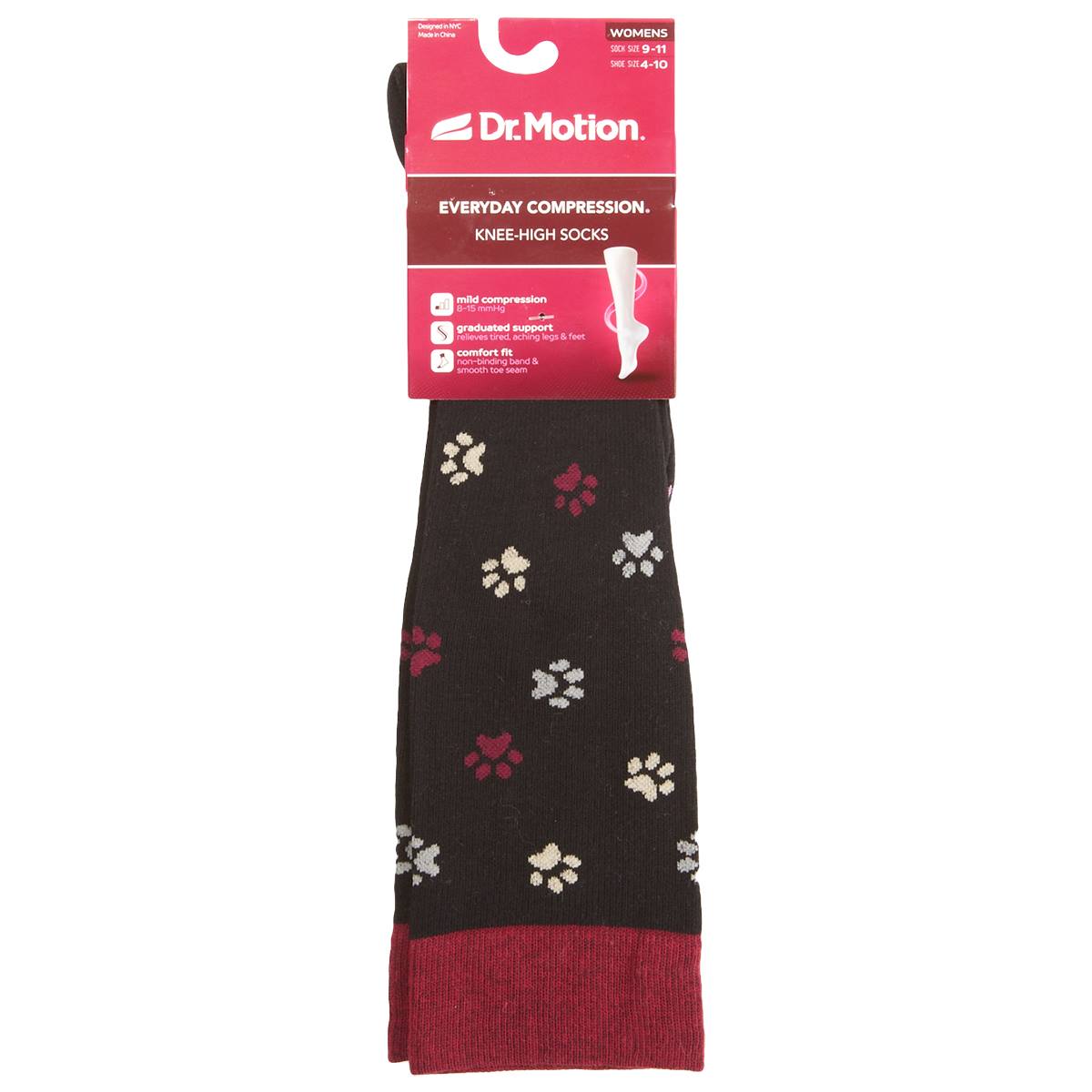 Womens Dr. Motion Paw Prints Compression Knee High Socks