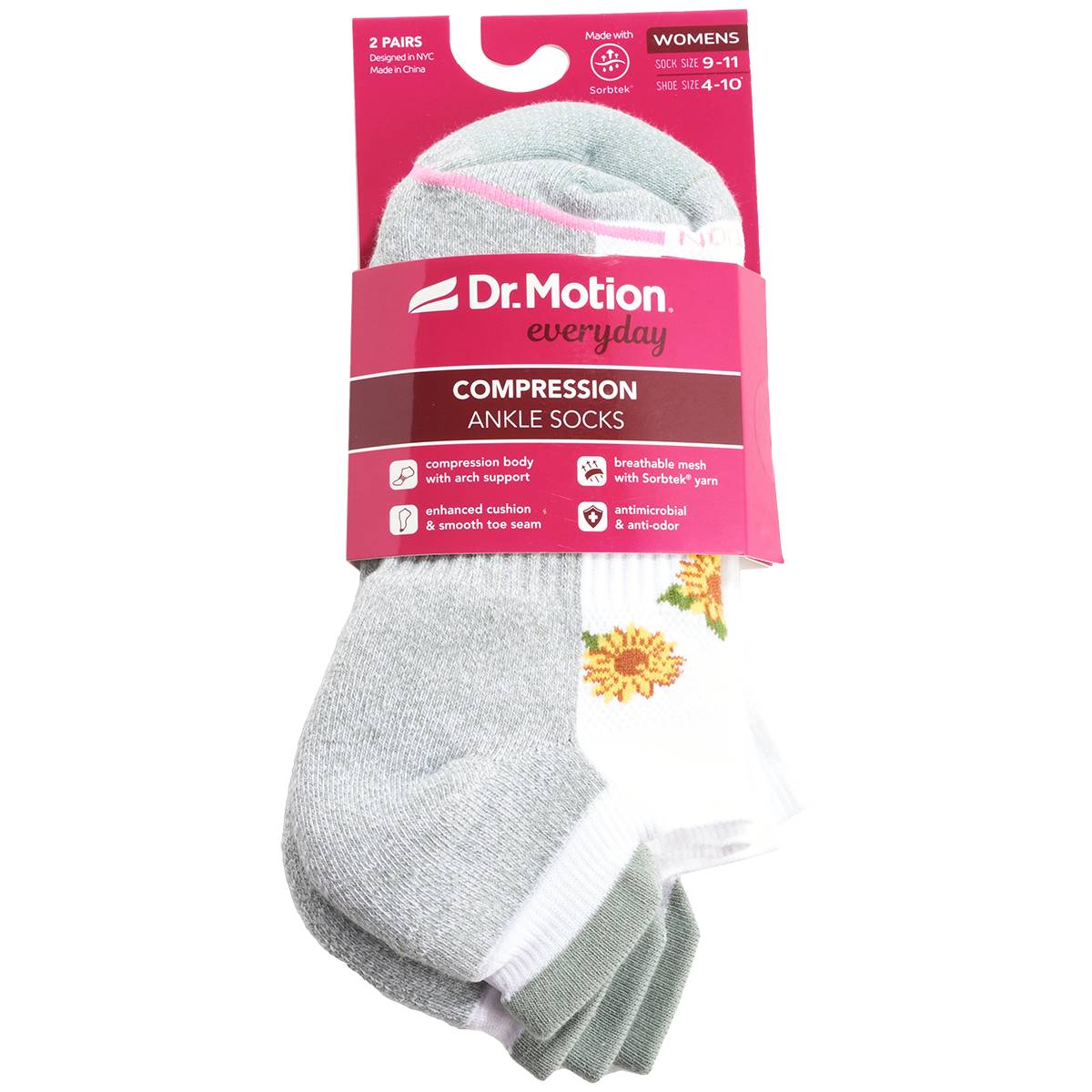 Womens Dr. Motion 2pk. Sunflower Compression Quarter Socks