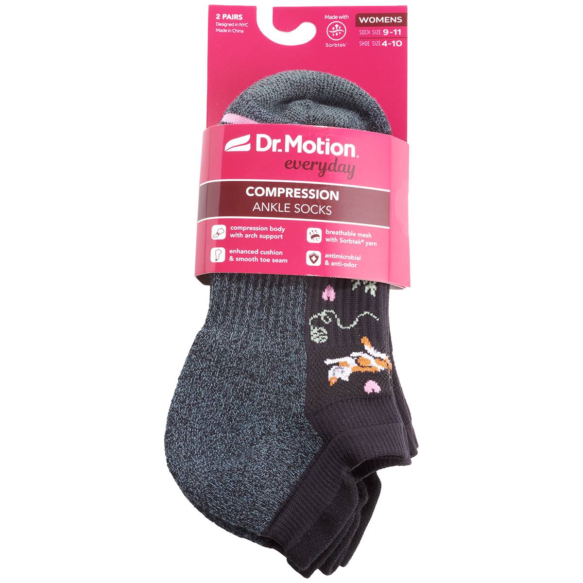 Womens Dr. Motion 2pk. Cats Pattern Compression Ankle Socks