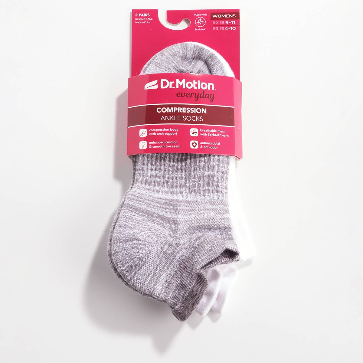 Womens Dr. Motion 2pk. Basic Compression Ankle Socks-Light Grey