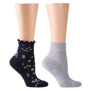 Womens Dr. Motion 2pk. Floral & Solid Lettuce Edge Quarter Socks