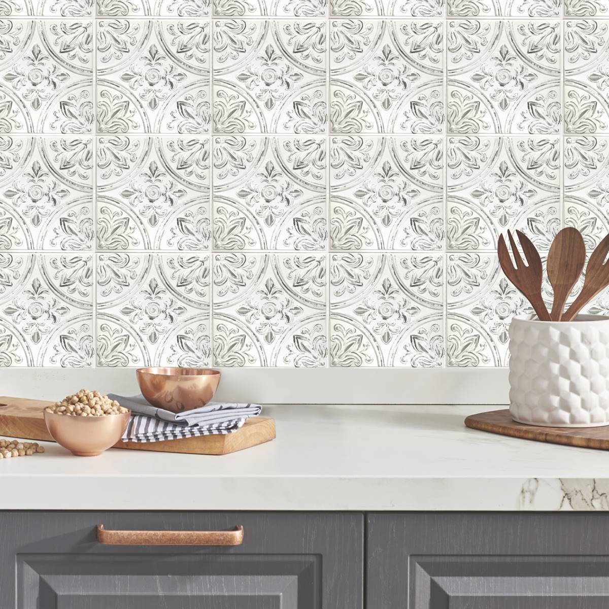 RoomMates(R) White Tin Tile Peel & Stick Backsplash