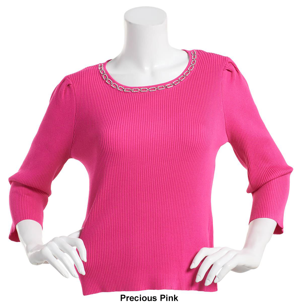 Womens Nanette Lepore Long Sleeve Rib Sweater W/Jewel Trim Neck