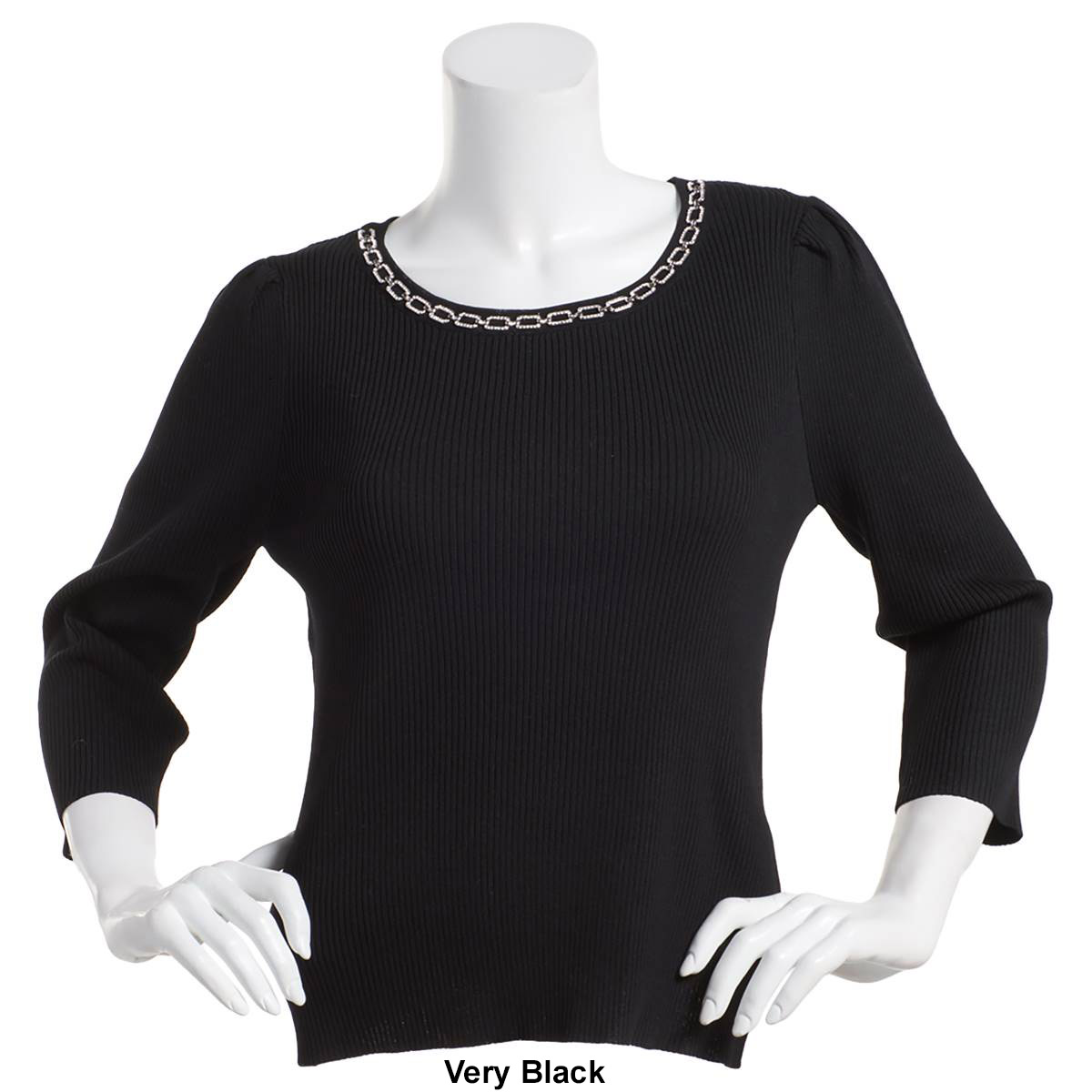 Womens Nanette Lepore Long Sleeve Rib Sweater W/Jewel Trim Neck