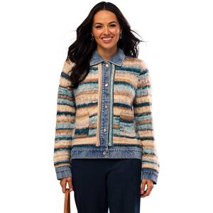 Womens Nanette Lepore Long Sleeve Stripe Denim Trim Cardigan