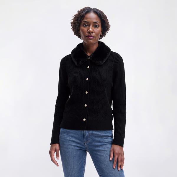 Womens Nanette Lepore Long Sleeve Faux Fur Collar Cardigan