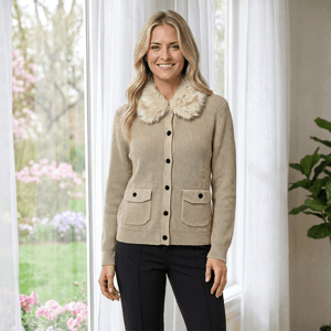 Womens Nanette Lepore Long Sleeve Faux Fur Collar Cardigan