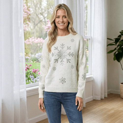 Womens Nanette Lepore Long Sleeve Rhinestone Snowflake Sweater