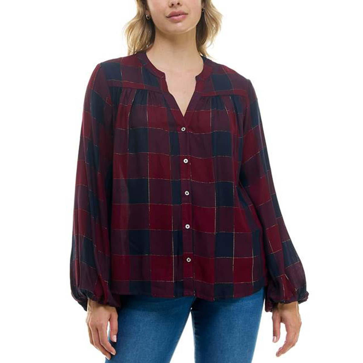 Petite Zac & Rachel Long Sleeve Button Front Plaid Blouse