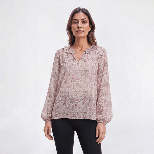 Womens Preswick & Moore(R) Long Sleeve Floral Ruffle Neck Blouse
