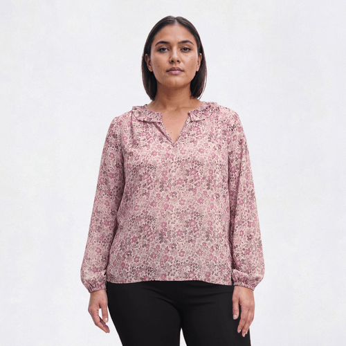 Plus Size Preswick & Moore(R) Long Sleeve Floral Ruffle Neck Blouse