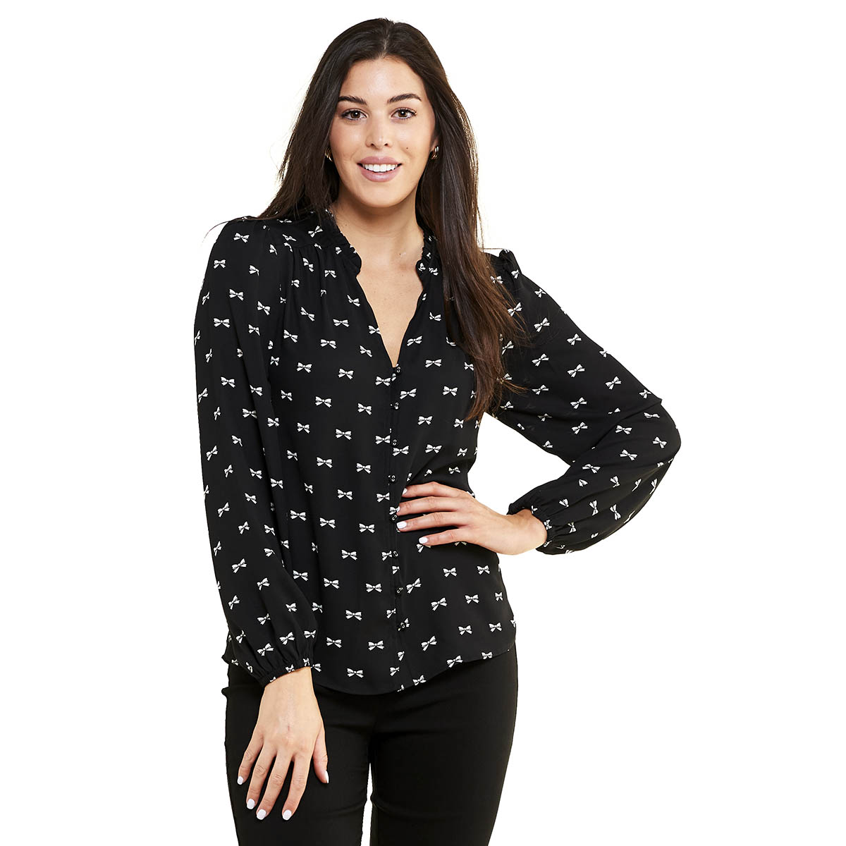 Petites Zac & Rachel Long Sleeve Holiday Crepe Bow Blouse