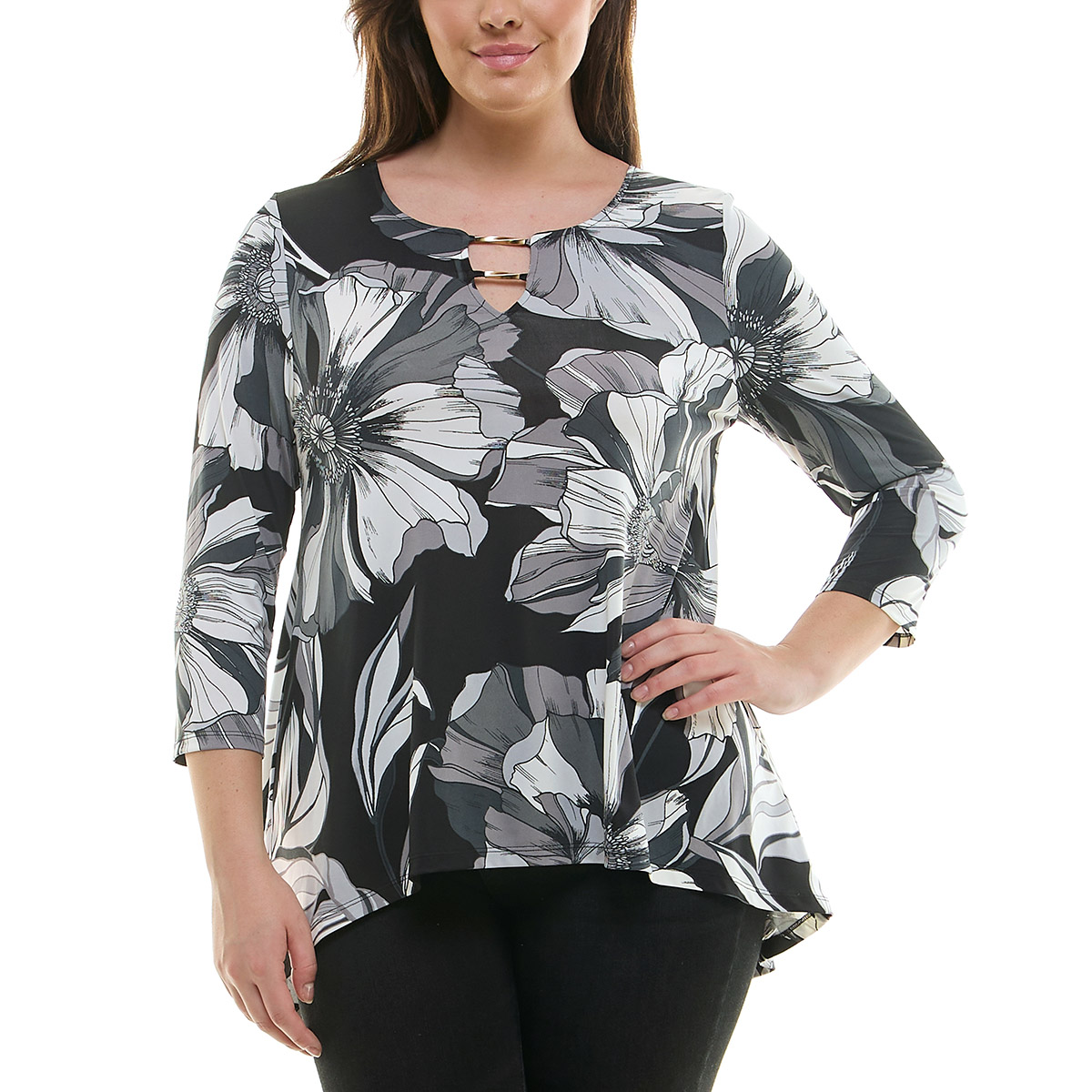 Womens Zac & Rachel 3/4 Sleeve High-Low Bar Neck Blouse