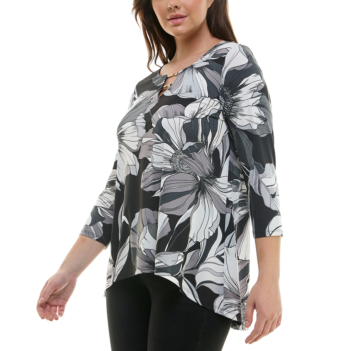 Womens Zac & Rachel 3/4 Sleeve High-Low Bar Neck Blouse