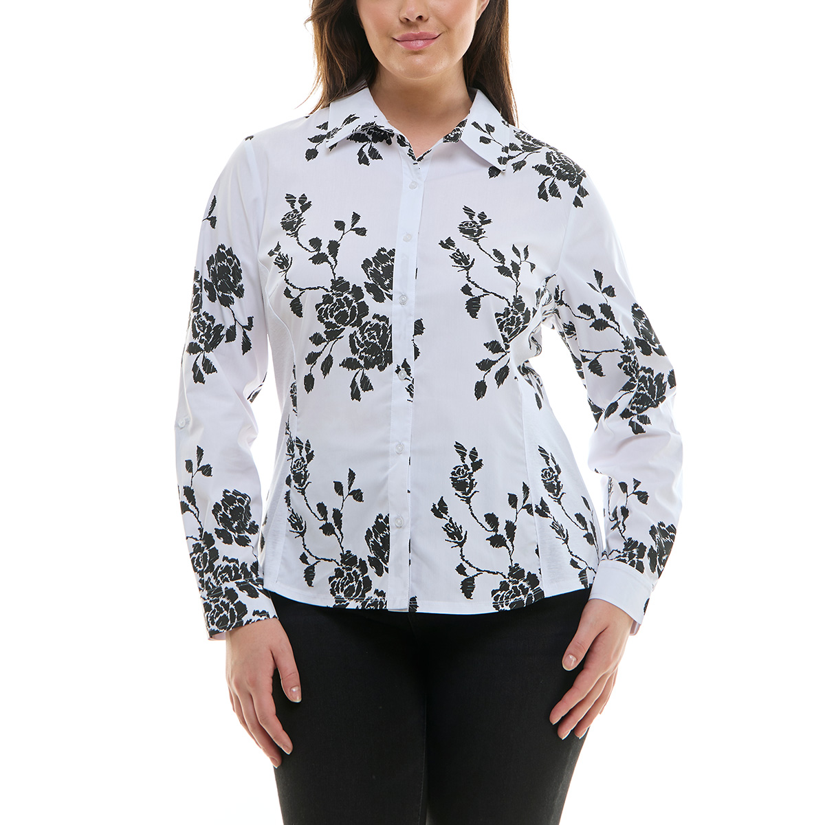 Petites Zac & Rachel 3/4 Sleeve Floral Fitted Casual Button Down