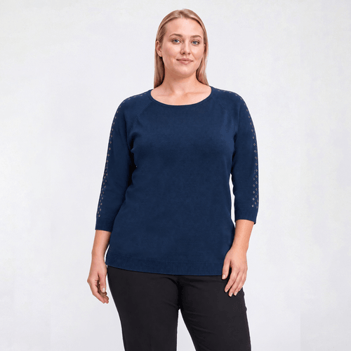 Plus Size Zac & Rachel 3/4 Sleeve Solid Silver Studded Sweater
