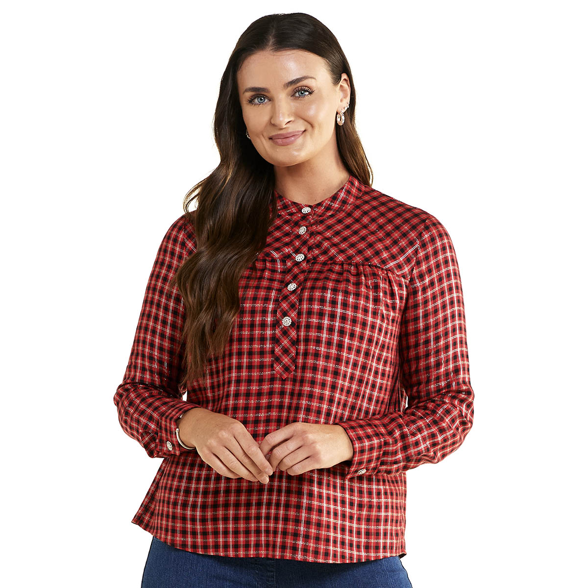 Petites Zac & Rachel Long Sleeve Holiday Plaid Henley Blouse