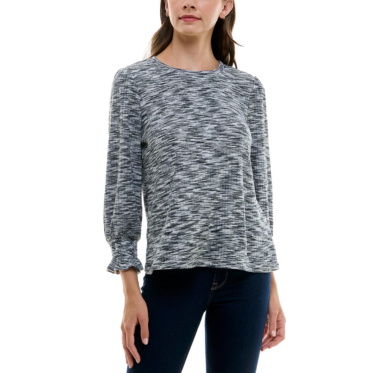 Womens Zac & Rachel 3/4 Ruffle Sleeve Rib Melange Tee