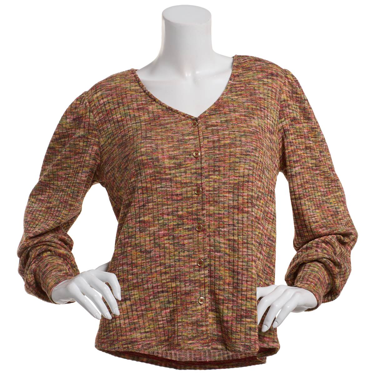 Womens Zac & Rachel Knit Space Dye V-Neck Button Down Blouse