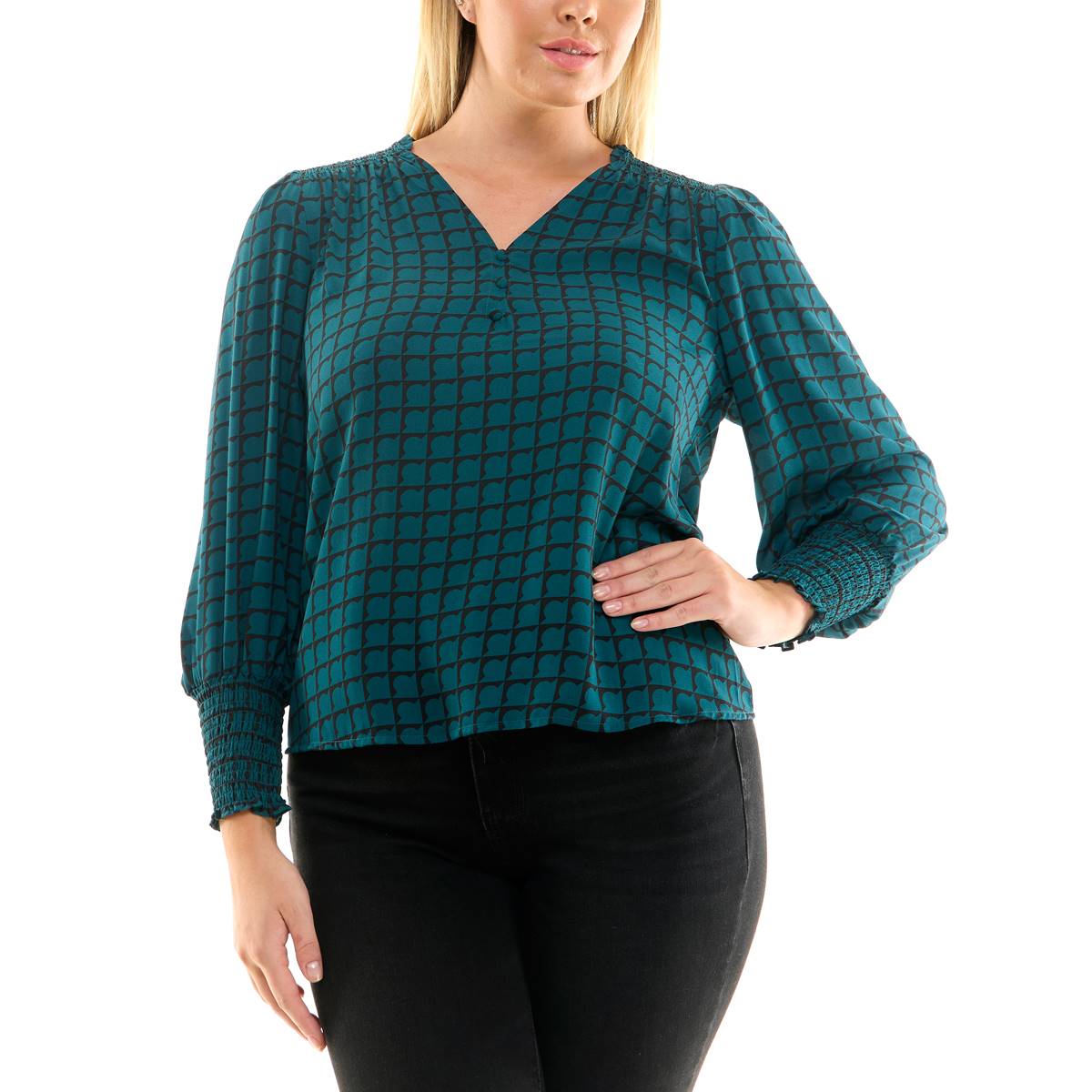 Womens Zac & Rachel Bracelet Sleeve Checkered Crepe Blouse