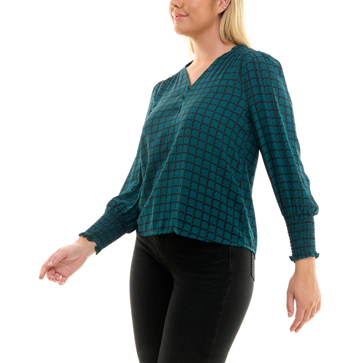 Womens Zac & Rachel Bracelet Sleeve Checkered Crepe Blouse