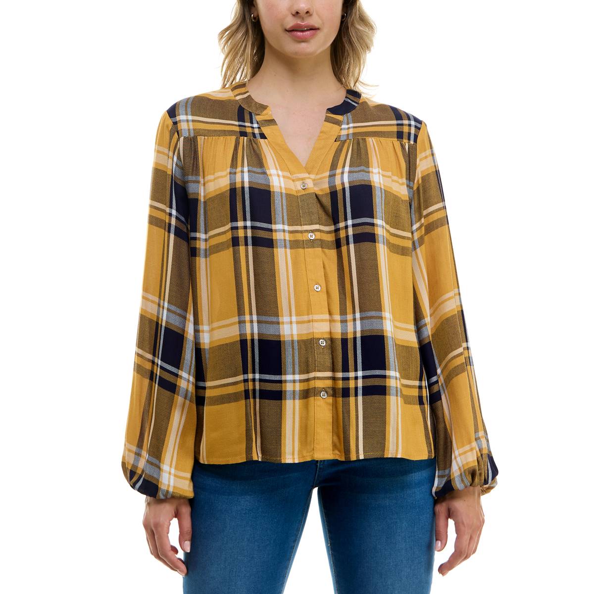 Womens  Zac & Rachel Mandarin Plaid Button Down Blouse